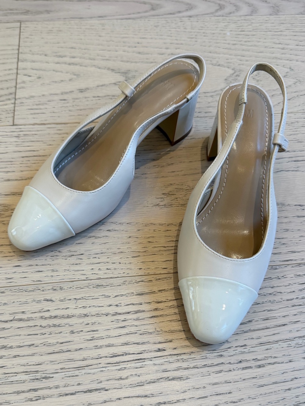 Beige Cap Toe Slingback, Block Heels, Size 37